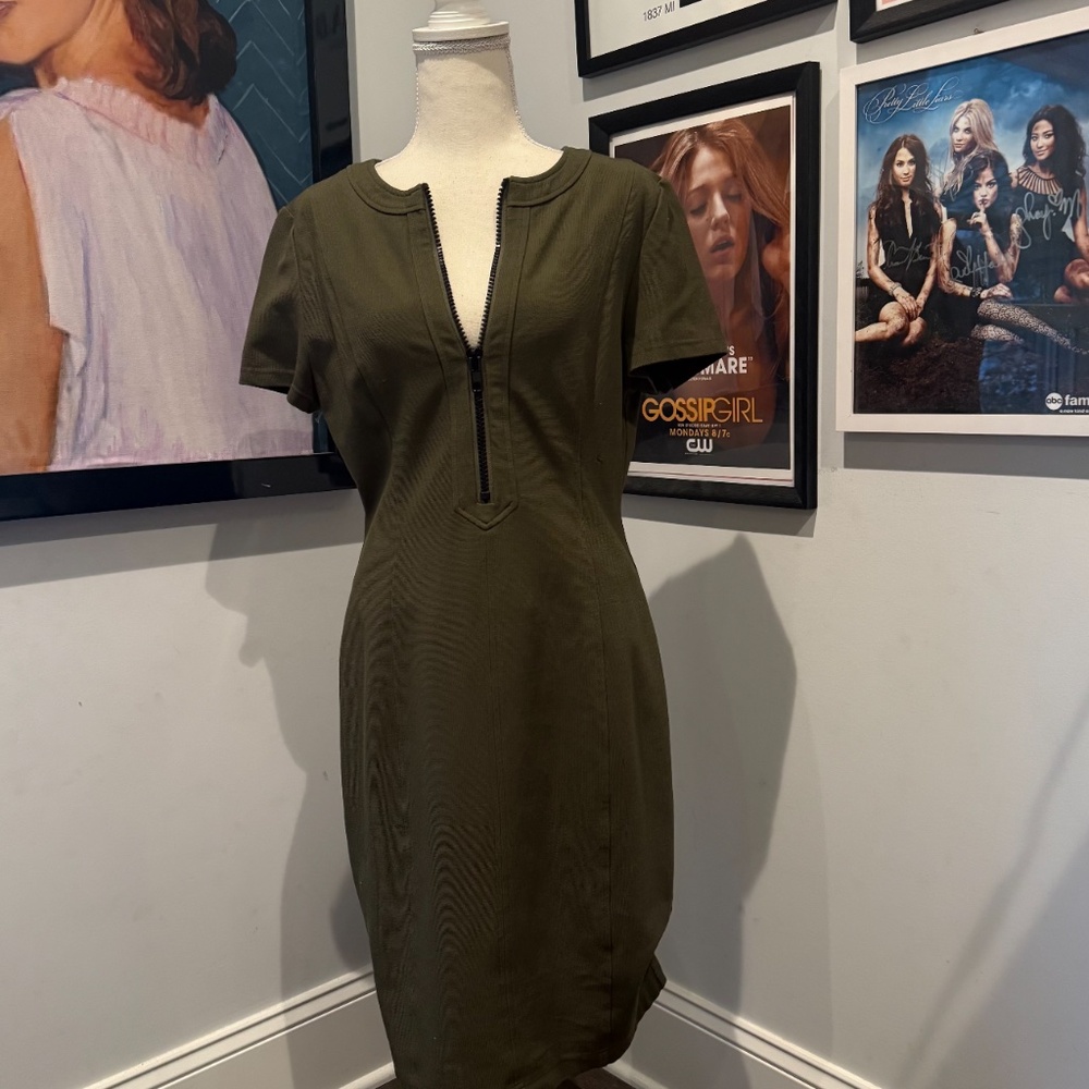TOCCIN NY Olive Green Zipper Midi Dress 8